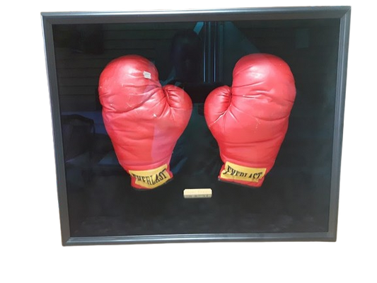Red Everlast boxing gloves custom framed in deep shadowbox display by Framing & Display showing capability to frame any depth of object.